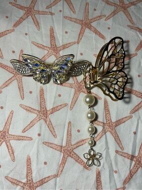 Gold Rhinestone Butterfly Hair Clip and Gold Butterfly Claw Clip with Pearls